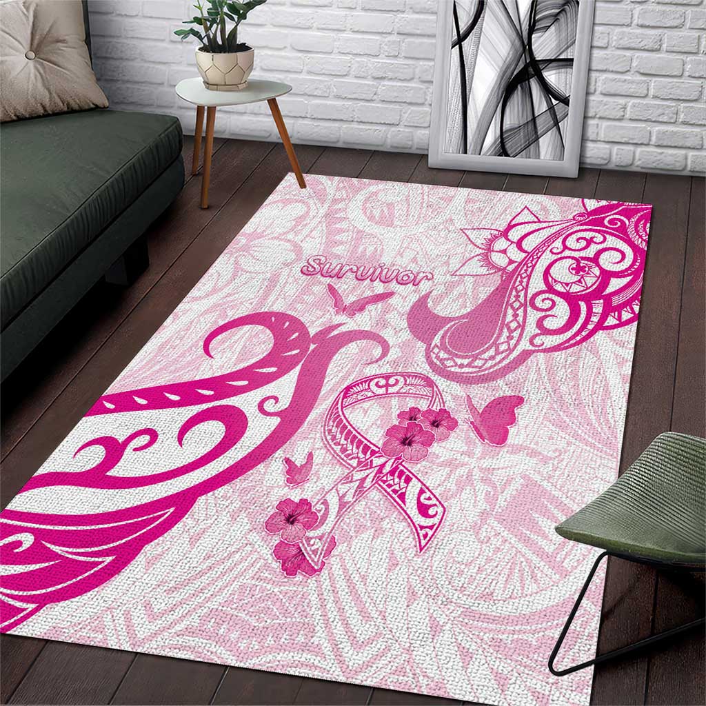 Breast Cancer Awareness Area Rug Ribbon Polynesian Pattern White Version