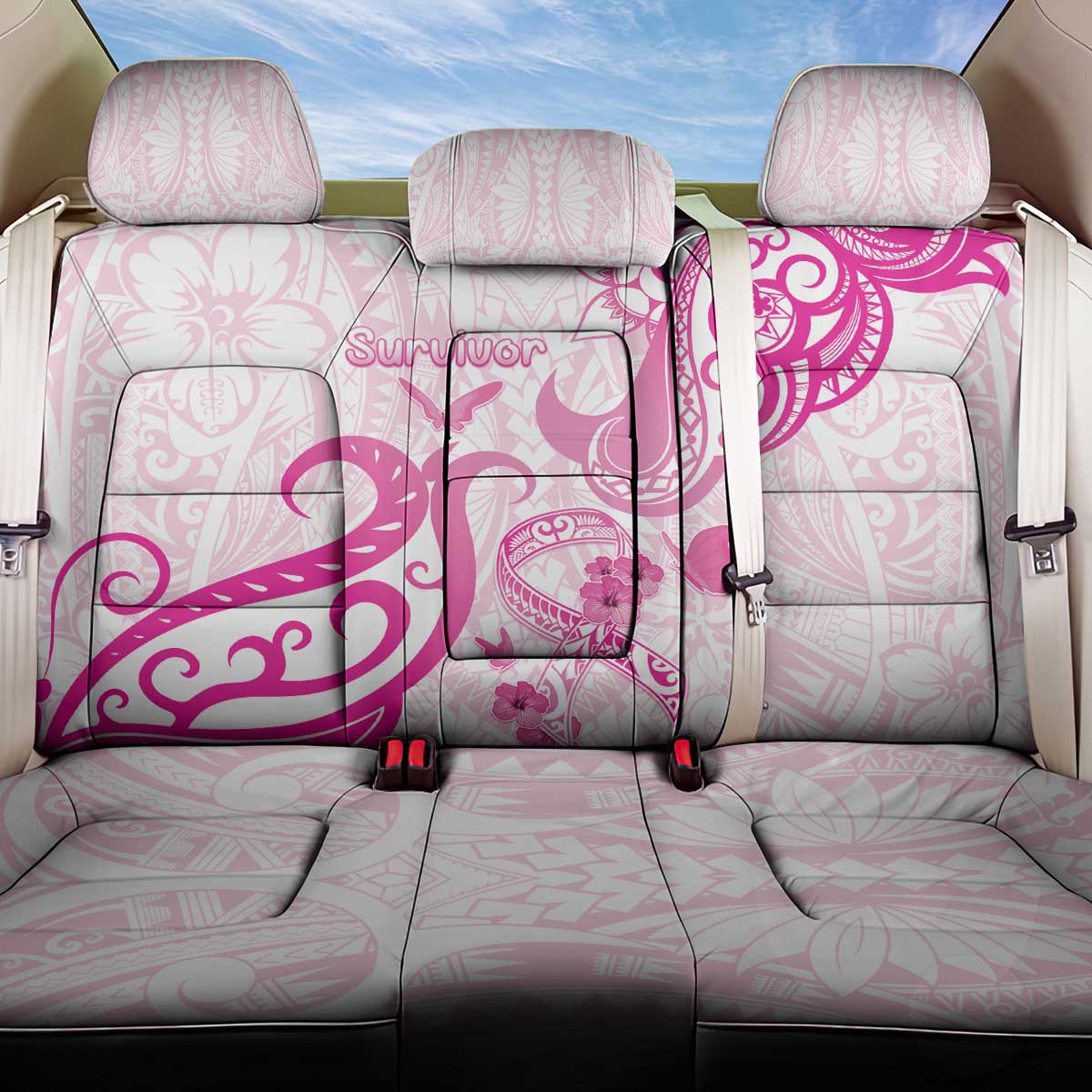 Breast Cancer Awareness Back Car Seat Cover Ribbon Polynesian Pattern White Version