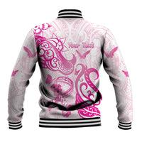 Personalised Breast Cancer Awareness Baseball Jacket Ribbon Polynesian Pattern White Version