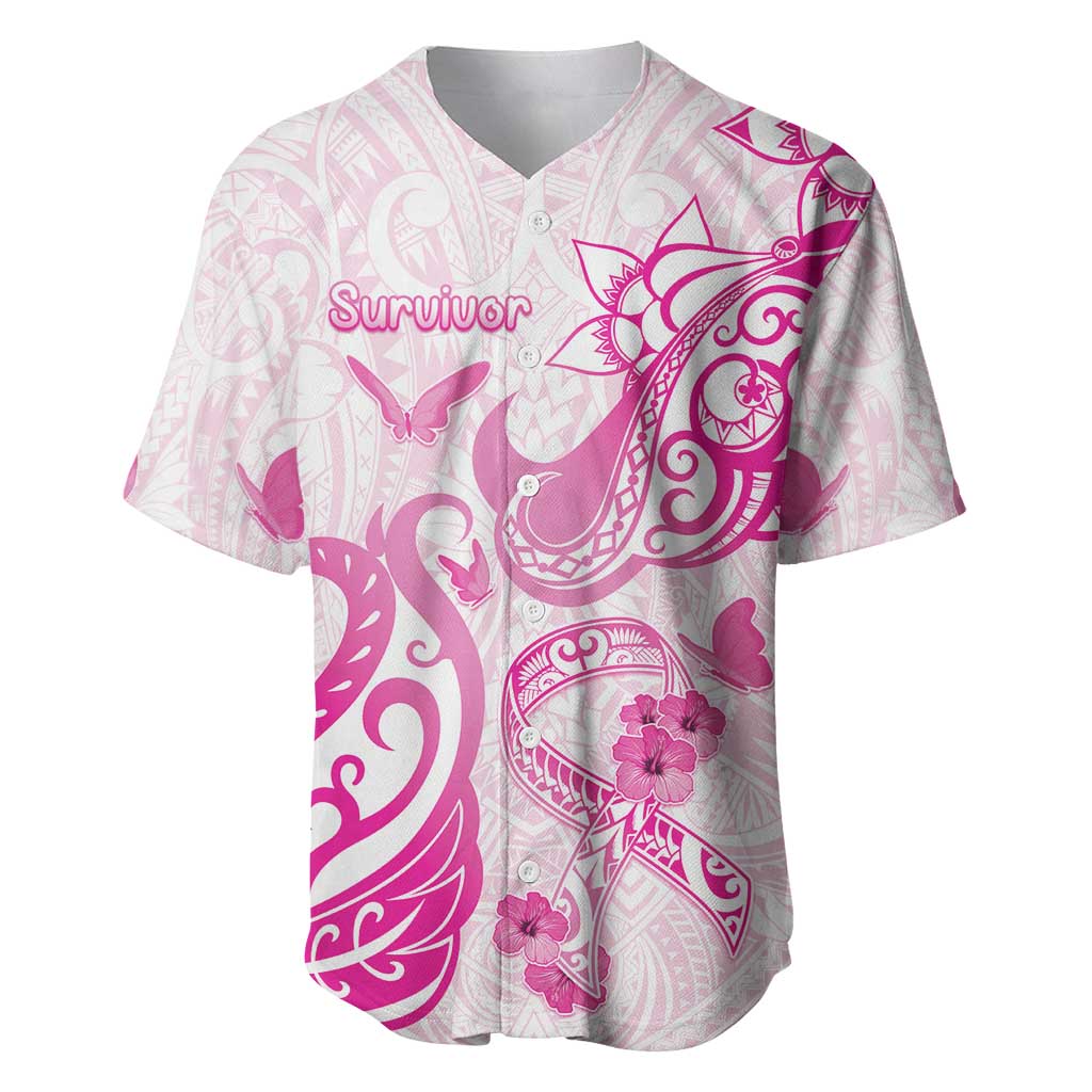 Personalised Breast Cancer Awareness Baseball Jersey Ribbon Polynesian Pattern White Version