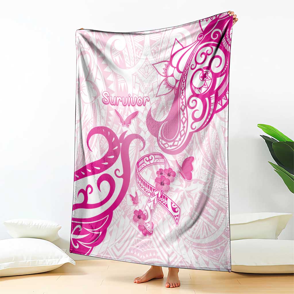 Breast Cancer Awareness Blanket Ribbon Polynesian Pattern White Version