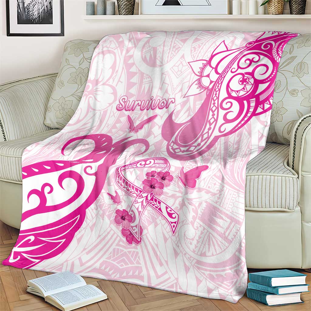 Breast Cancer Awareness Blanket Ribbon Polynesian Pattern White Version