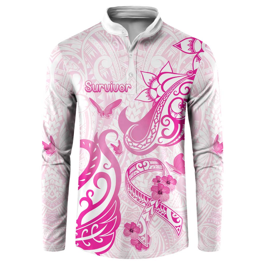 Personalised Breast Cancer Awareness Button Sweatshirt Ribbon Polynesian Pattern White Version