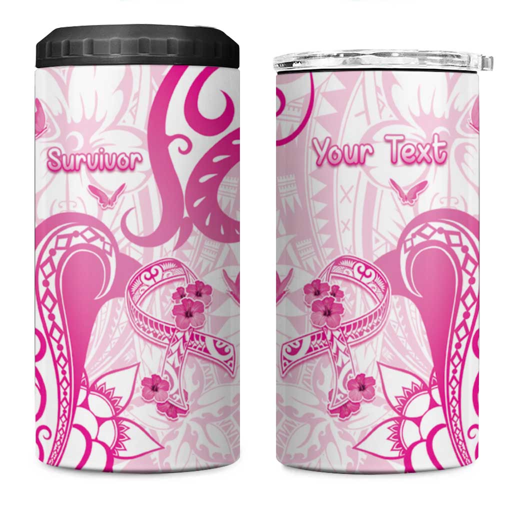 Personalised Breast Cancer Awareness 4 in 1 Can Cooler Tumbler Ribbon Polynesian Pattern White Version