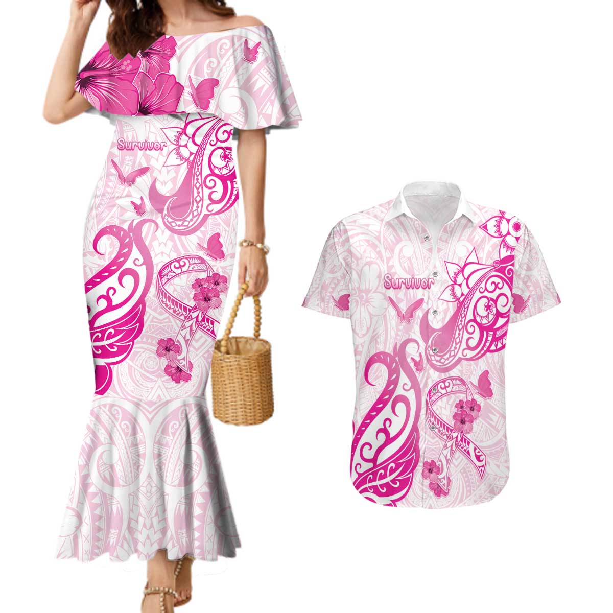 Personalised Breast Cancer Awareness Couples Matching Mermaid Dress and Hawaiian Shirt Ribbon Polynesian Pattern White Version