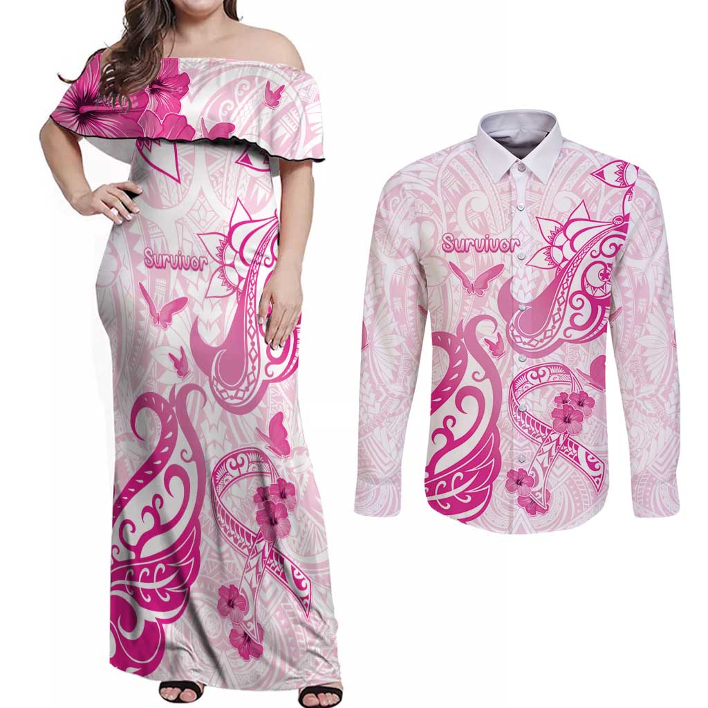 Personalised Breast Cancer Awareness Couples Matching Off Shoulder Maxi Dress and Long Sleeve Button Shirt Ribbon Polynesian Pattern White Version