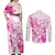 Personalised Breast Cancer Awareness Couples Matching Off Shoulder Maxi Dress and Long Sleeve Button Shirt Ribbon Polynesian Pattern White Version