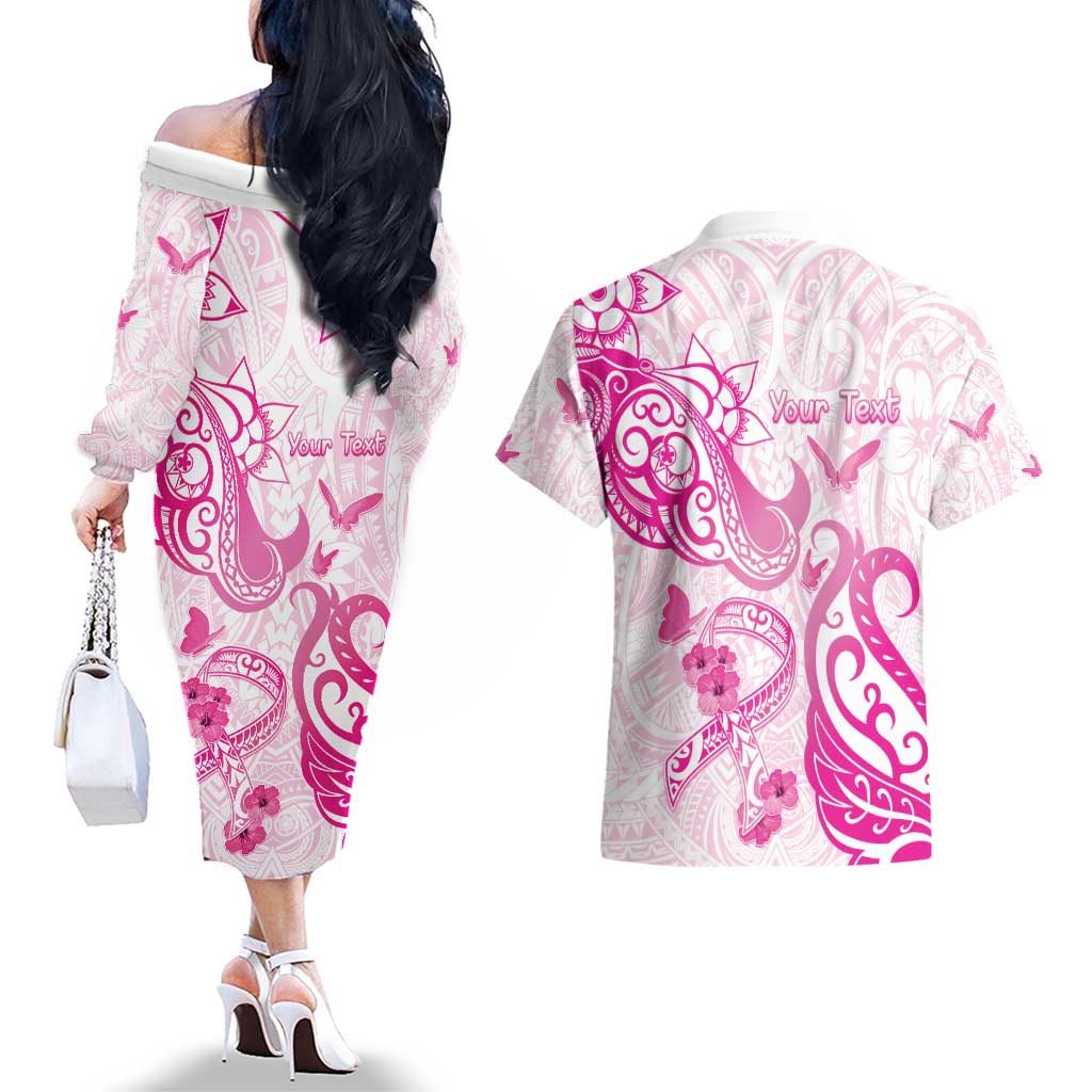 Personalised Breast Cancer Awareness Couples Matching Off The Shoulder Long Sleeve Dress and Hawaiian Shirt Ribbon Polynesian Pattern White Version