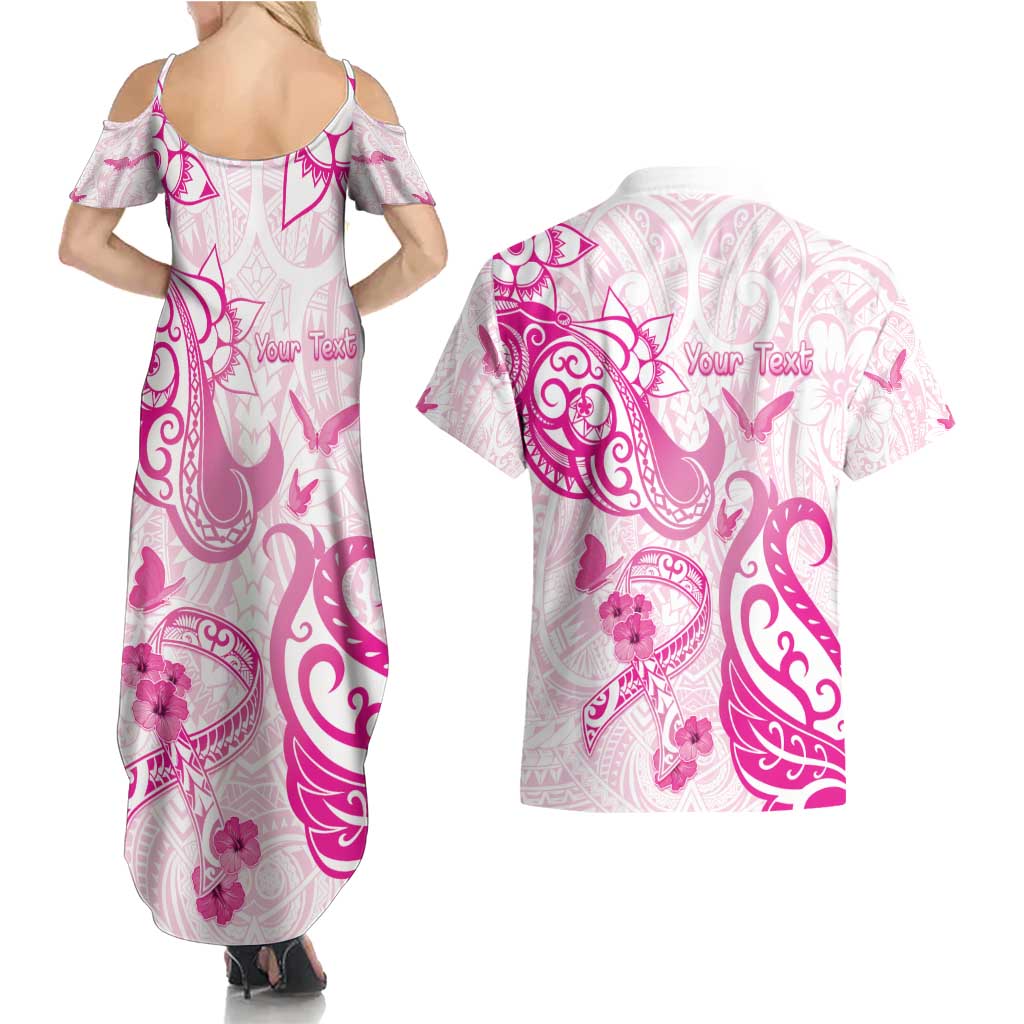 Personalised Breast Cancer Awareness Couples Matching Summer Maxi Dress and Hawaiian Shirt Ribbon Polynesian Pattern White Version