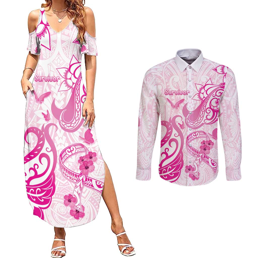 Personalised Breast Cancer Awareness Couples Matching Summer Maxi Dress and Long Sleeve Button Shirt Ribbon Polynesian Pattern White Version