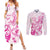 Personalised Breast Cancer Awareness Couples Matching Summer Maxi Dress and Long Sleeve Button Shirt Ribbon Polynesian Pattern White Version