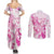 Personalised Breast Cancer Awareness Couples Matching Summer Maxi Dress and Long Sleeve Button Shirt Ribbon Polynesian Pattern White Version