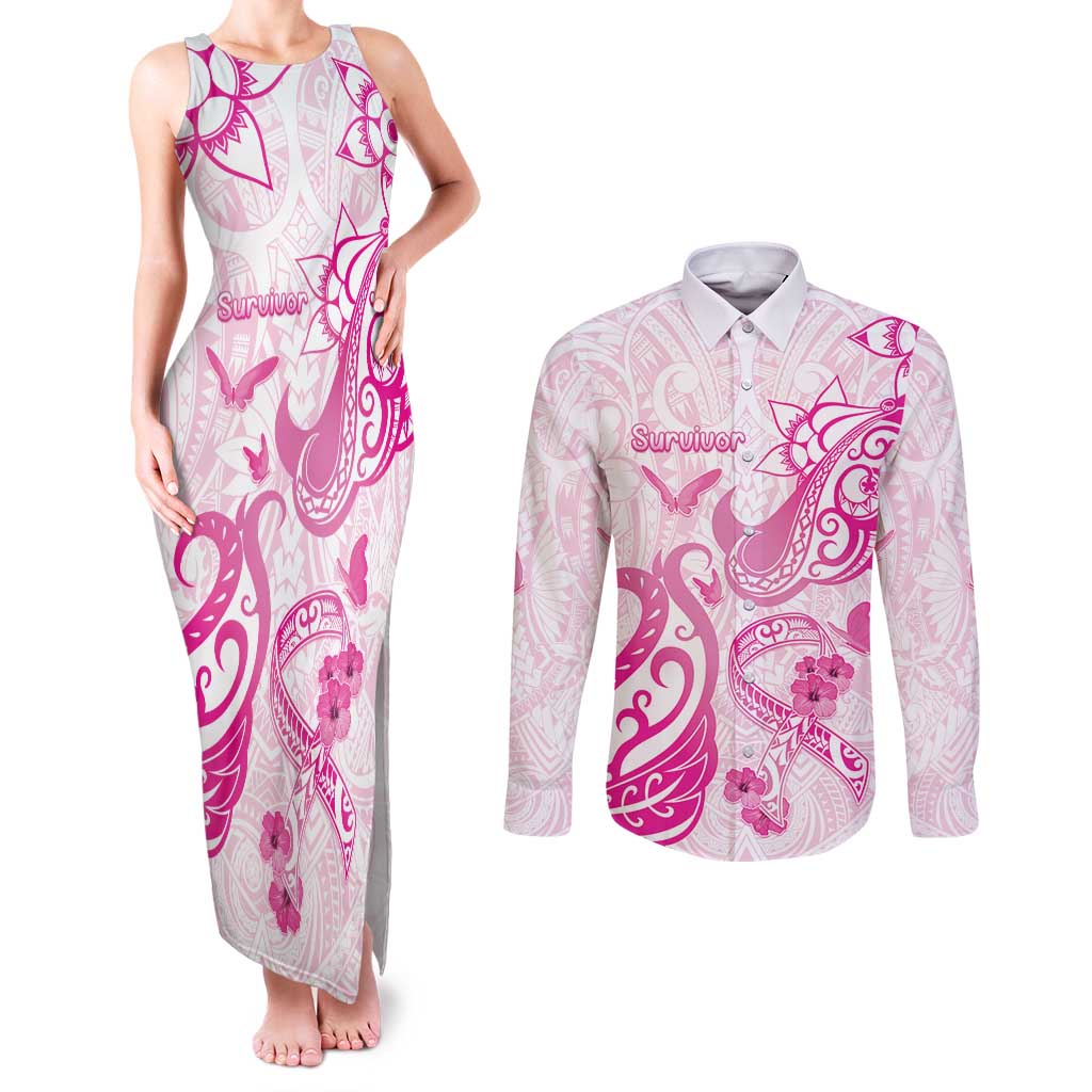 Personalised Breast Cancer Awareness Couples Matching Tank Maxi Dress and Long Sleeve Button Shirt Ribbon Polynesian Pattern White Version