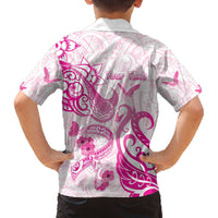 Personalised Breast Cancer Awareness Family Matching Puletasi and Hawaiian Shirt Ribbon Polynesian Pattern White Version
