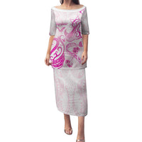 Personalised Breast Cancer Awareness Family Matching Puletasi and Hawaiian Shirt Ribbon Polynesian Pattern White Version