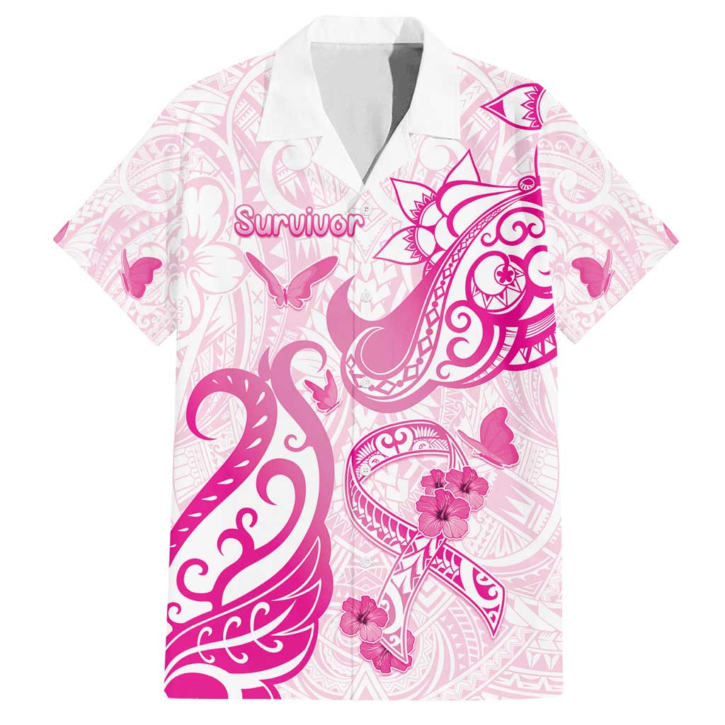 Personalised Breast Cancer Awareness Family Matching Summer Maxi Dress and Hawaiian Shirt Ribbon Polynesian Pattern White Version