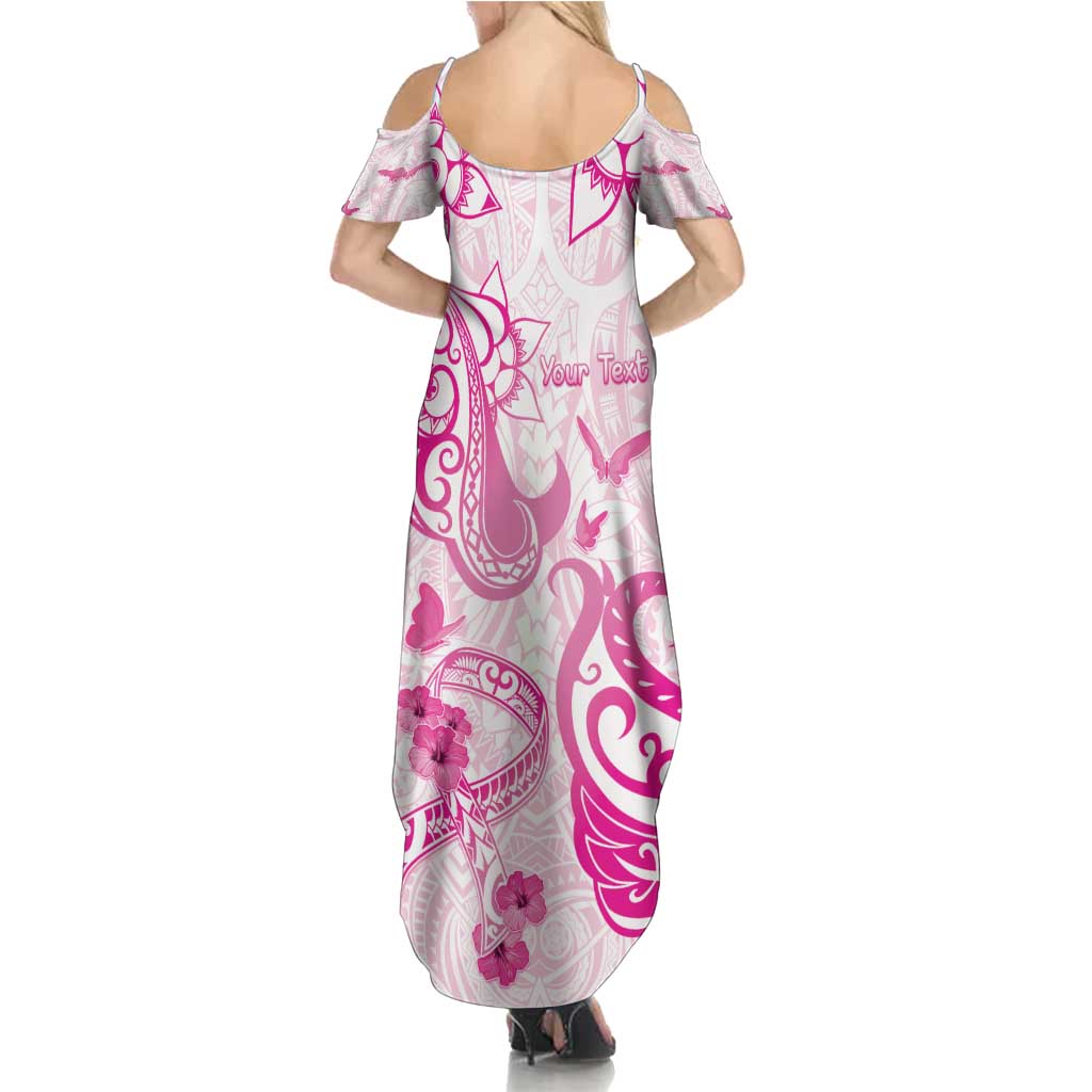 Personalised Breast Cancer Awareness Family Matching Summer Maxi Dress and Hawaiian Shirt Ribbon Polynesian Pattern White Version