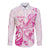 Personalised Breast Cancer Awareness Long Sleeve Button Shirt Ribbon Polynesian Pattern White Version