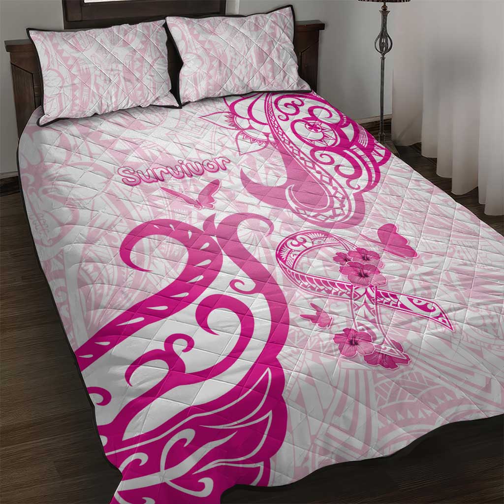 Breast Cancer Awareness Quilt Bed Set Ribbon Polynesian Pattern White Version