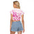 Personalised Breast Cancer Awareness Raglan Cropped T Shirt Ribbon Polynesian Pattern White Version