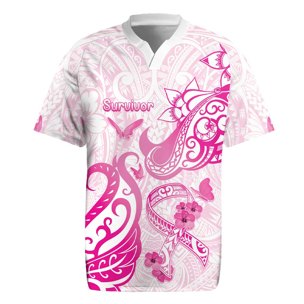 Personalised Breast Cancer Awareness Rugby Jersey Ribbon Polynesian Pattern White Version