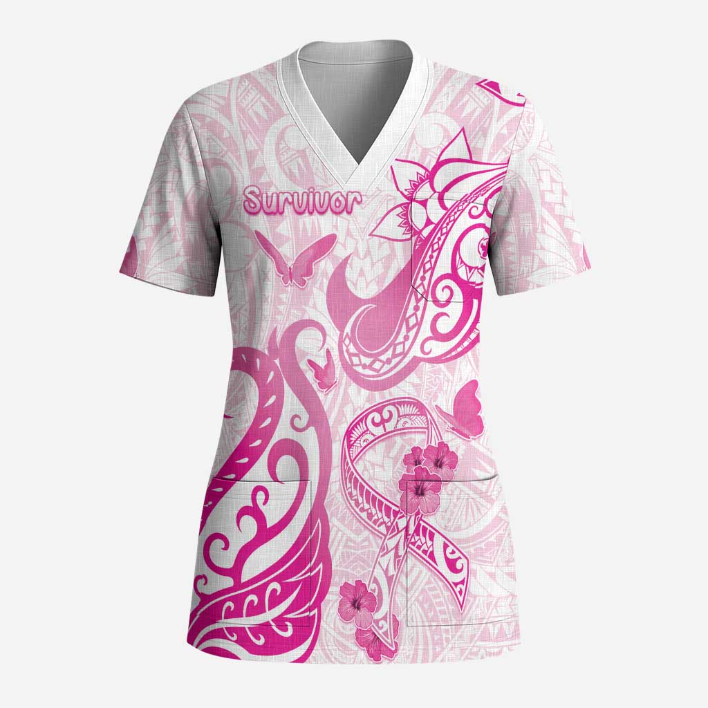 Personalised Breast Cancer Awareness Scrub Top Ribbon Polynesian Pattern White Version - Polynesian Pride
