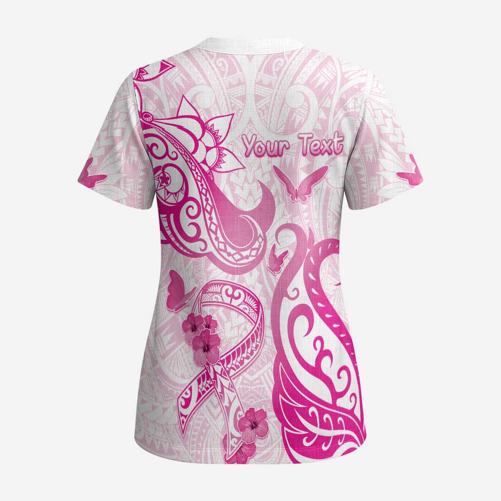 Personalised Breast Cancer Awareness Scrub Top Ribbon Polynesian Pattern White Version - Polynesian Pride