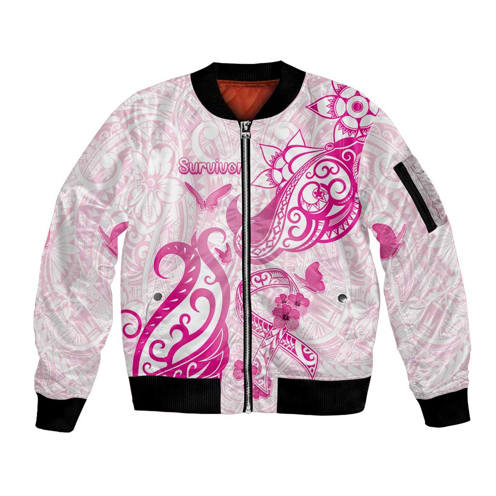 Personalised Breast Cancer Awareness Sleeve Zip Bomber Jacket Ribbon Polynesian Pattern White Version