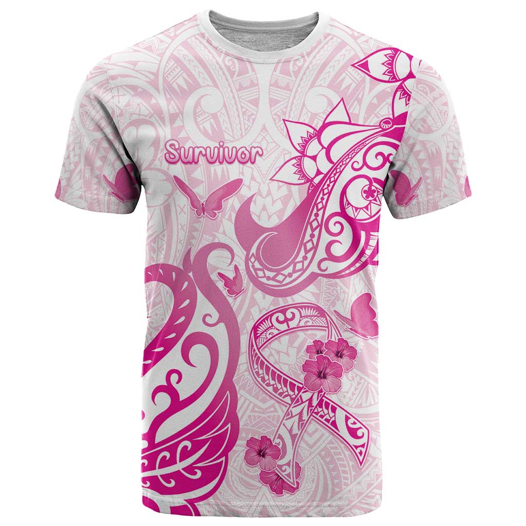 Personalised Breast Cancer Awareness T Shirt Ribbon Polynesian Pattern White Version