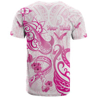 Personalised Breast Cancer Awareness T Shirt Ribbon Polynesian Pattern White Version
