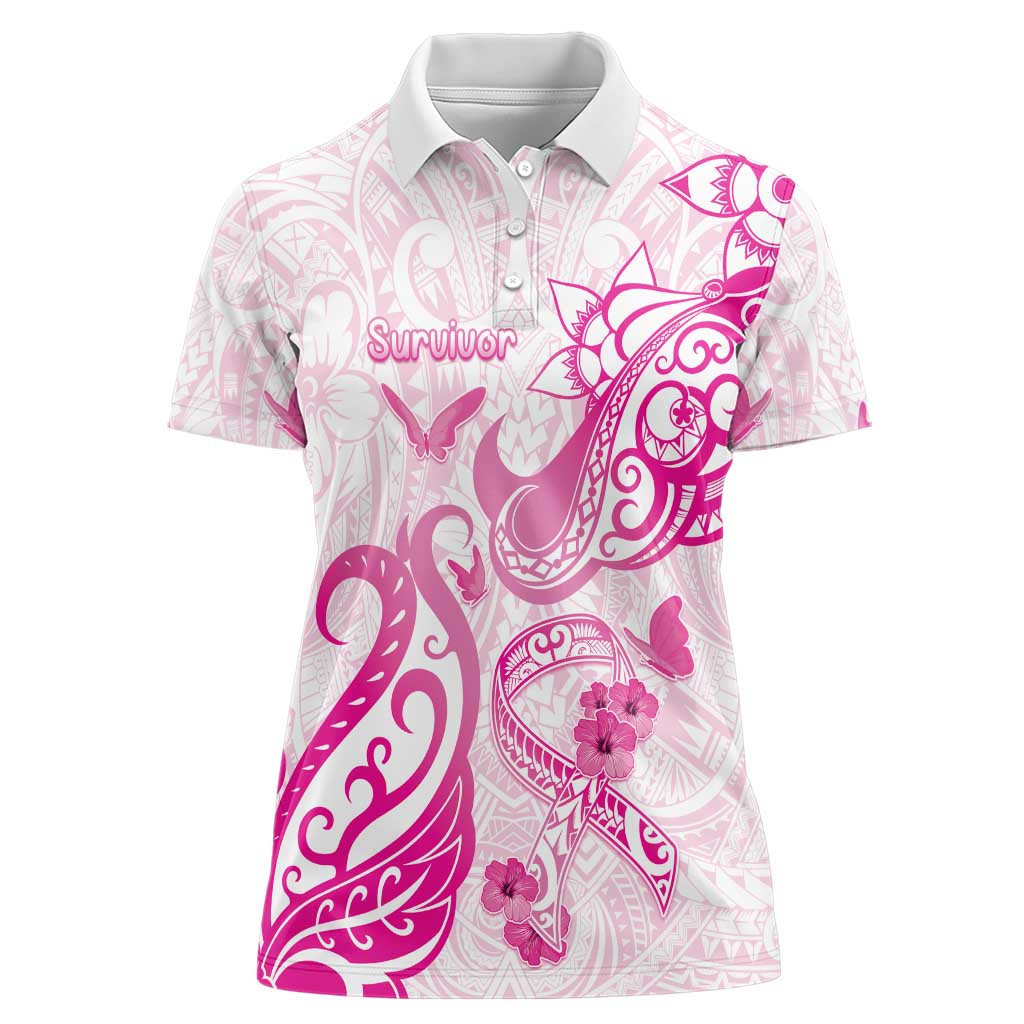 Personalised Breast Cancer Awareness Women Polo Shirt Ribbon Polynesian Pattern White Version