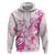 Personalised Breast Cancer Awareness Zip Hoodie Ribbon Polynesian Pattern White Version