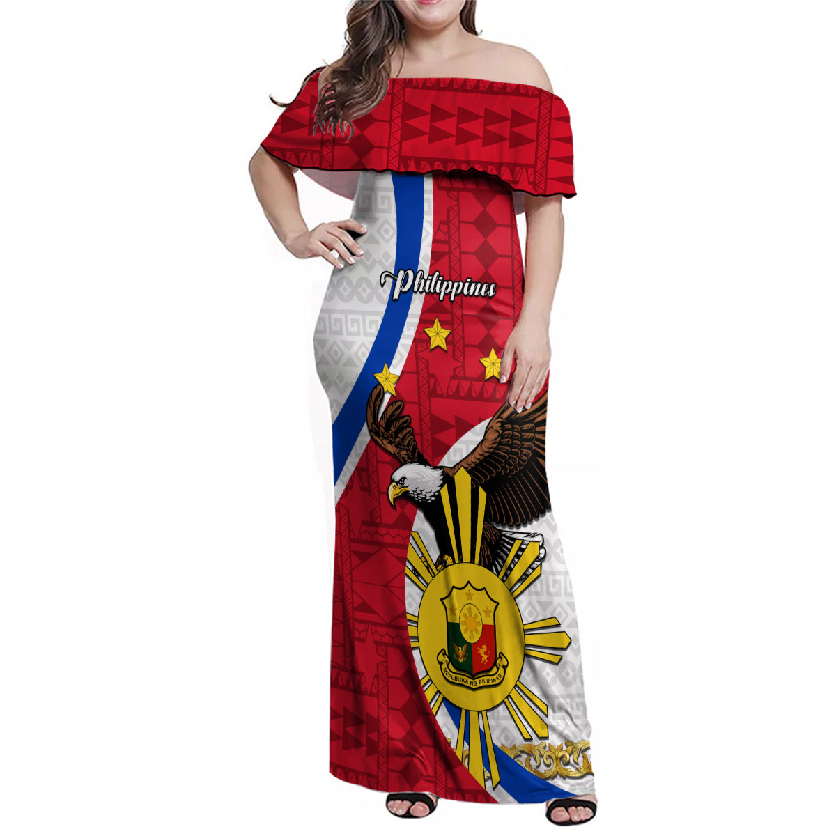 Personalized Philippines Family Matching Off Shoulder Maxi Dress and Hawaiian Shirt The Eight-Rayed Sun Bald Eagle Polynesian Pattern LT05 Mom's Dress Red - Polynesian Pride