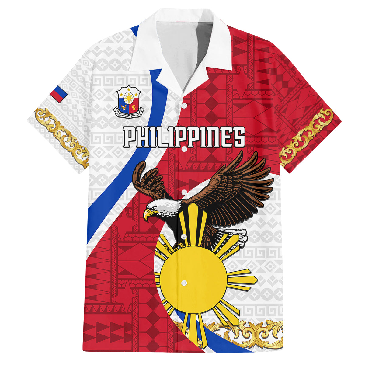 Personalized Philippines Family Matching Off Shoulder Short Dress and Hawaiian Shirt The Eight-Rayed Sun Bald Eagle Polynesian Pattern LT05 Dad's Shirt - Short Sleeve Red - Polynesian Pride