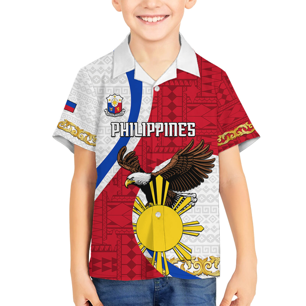 Personalized Philippines Family Matching Puletasi Dress and Hawaiian Shirt The Eight-Rayed Sun Bald Eagle Polynesian Pattern LT05 Son's Shirt Red - Polynesian Pride