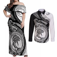 Go Fishing Couples Matching Off Shoulder Maxi Dress and Long Sleeve Button Shirts Polynesian Pattern LT05 Black - Polynesian Pride