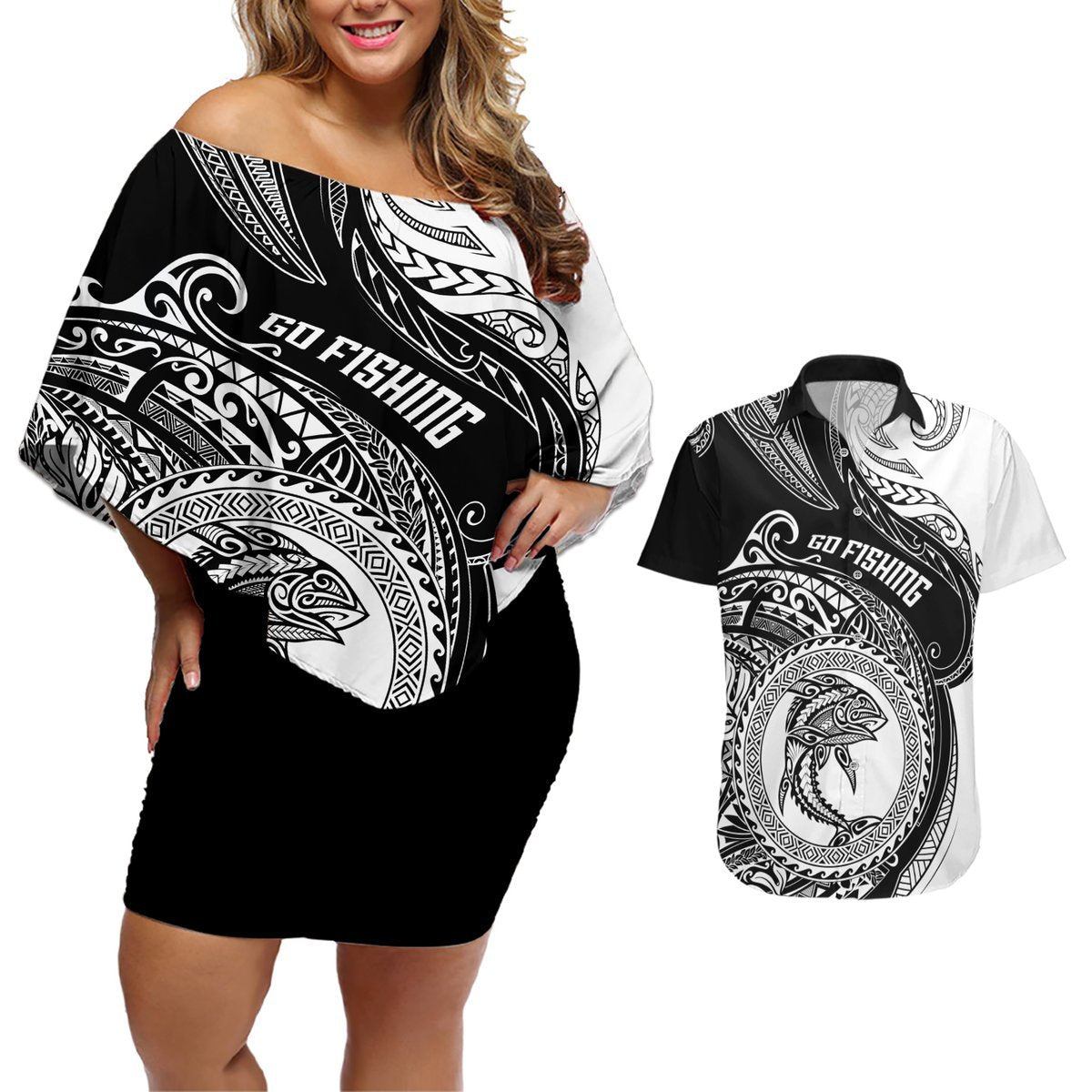 Go Fishing Couples Matching Off Shoulder Short Dress and Hawaiian Shirt Polynesian Pattern LT05 Black - Polynesian Pride