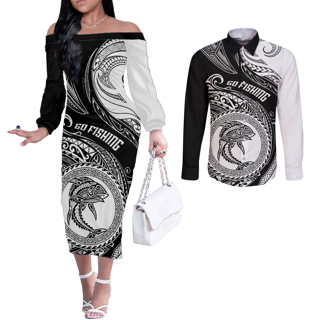 Go Fishing Couples Matching Off The Shoulder Long Sleeve Dress and Long Sleeve Button Shirts Polynesian Pattern LT05 Black - Polynesian Pride