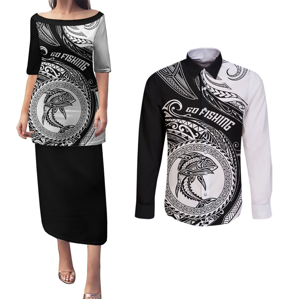 Go Fishing Couples Matching Puletasi Dress and Long Sleeve Button Shirts Polynesian Pattern LT05 Black - Polynesian Pride