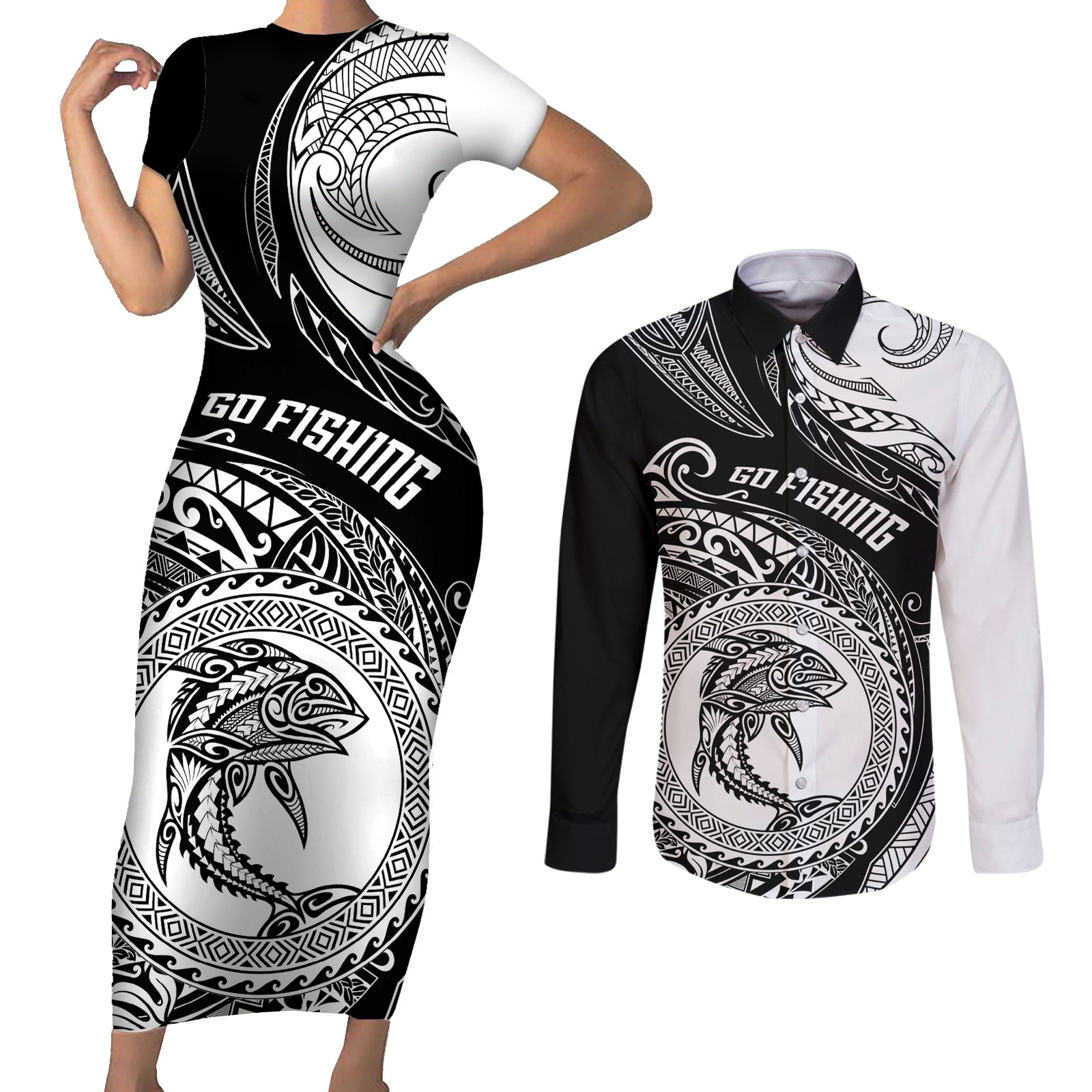 Go Fishing Couples Matching Short Sleeve Bodycon Dress and Long Sleeve Button Shirts Polynesian Pattern LT05 Black - Polynesian Pride