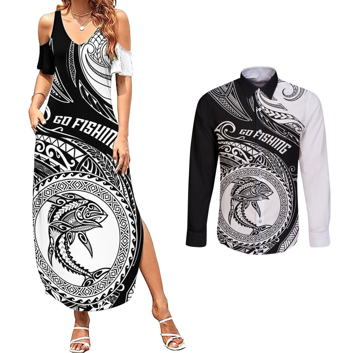 Go Fishing Couples Matching Summer Maxi Dress and Long Sleeve Button Shirts Polynesian Pattern LT05 Black - Polynesian Pride