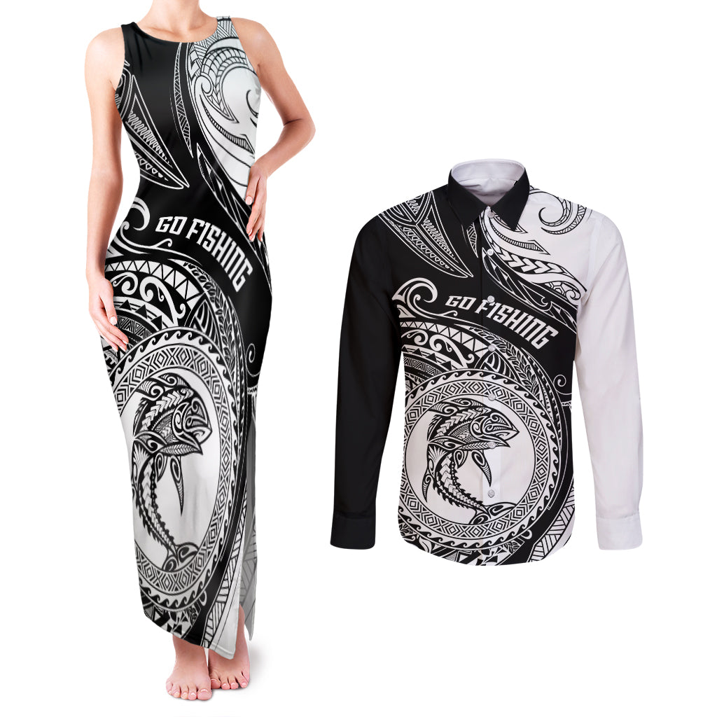 Go Fishing Couples Matching Tank Maxi Dress and Long Sleeve Button Shirts Polynesian Pattern LT05 Black - Polynesian Pride