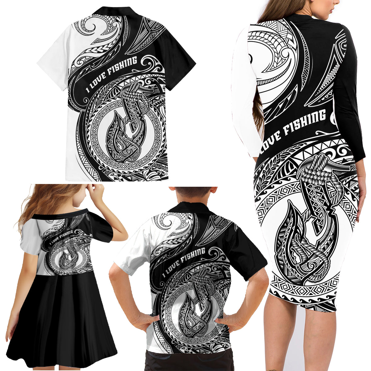 Go Fishing Family Matching Long Sleeve Bodycon Dress and Hawaiian Shirt Polynesian Pattern LT05 - Polynesian Pride
