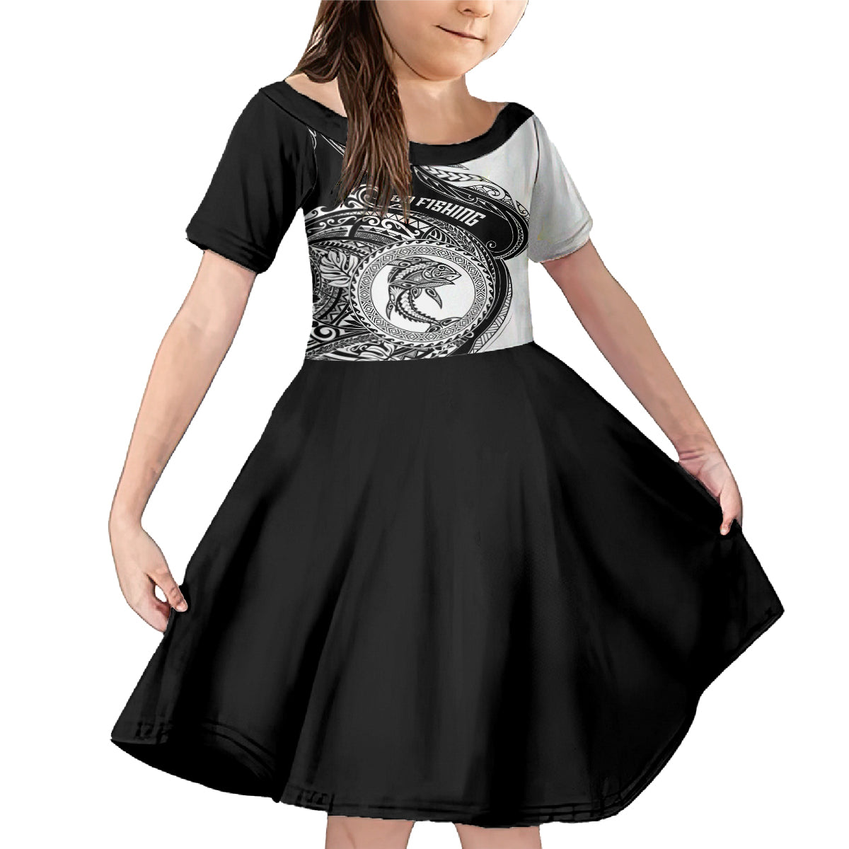 Go Fishing Family Matching Mermaid Dress and Hawaiian Shirt Polynesian Pattern LT05 Daughter's Dress Black - Polynesian Pride