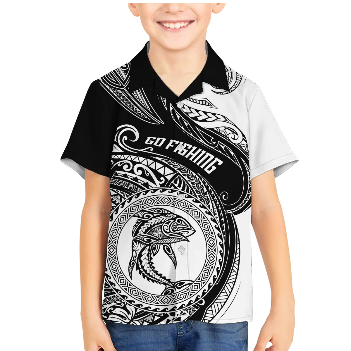 Go Fishing Family Matching Mermaid Dress and Hawaiian Shirt Polynesian Pattern LT05 Son's Shirt Black - Polynesian Pride