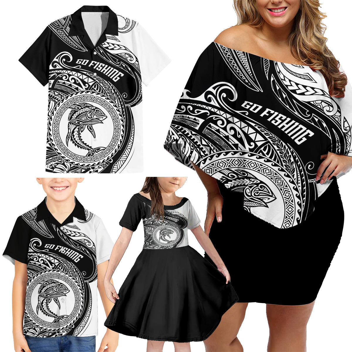 Go Fishing Family Matching Off Shoulder Short Dress and Hawaiian Shirt Polynesian Pattern LT05 - Polynesian Pride