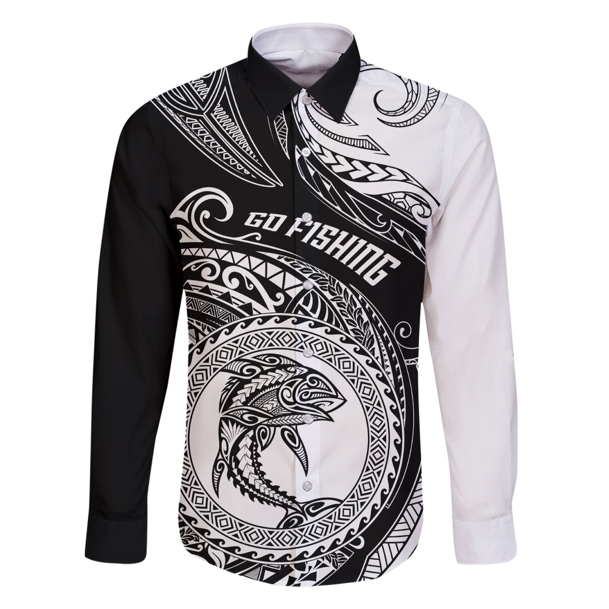 Go Fishing Family Matching Off Shoulder Short Dress and Hawaiian Shirt Polynesian Pattern LT05 Dad's Shirt - Long Sleeve Black - Polynesian Pride