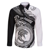 Go Fishing Family Matching Off Shoulder Short Dress and Hawaiian Shirt Polynesian Pattern LT05 Dad's Shirt - Long Sleeve Black - Polynesian Pride