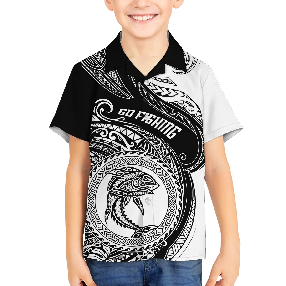 Go Fishing Family Matching Off Shoulder Short Dress and Hawaiian Shirt Polynesian Pattern LT05 Son's Shirt Black - Polynesian Pride