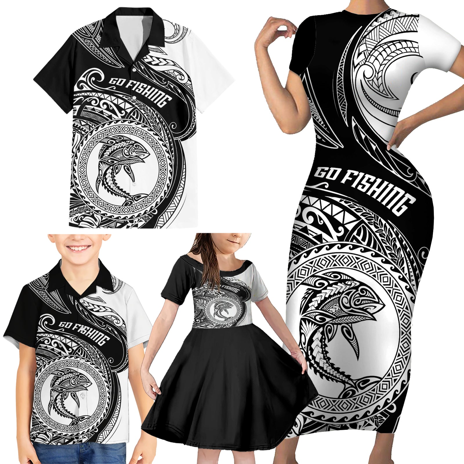 Go Fishing Family Matching Short Sleeve Bodycon Dress and Hawaiian Shirt Polynesian Pattern LT05 - Polynesian Pride